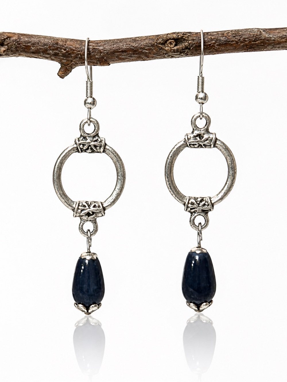 Silver Tone Hoop Drop Earrings, Midnight Blue Teardrop, Boho Dangle